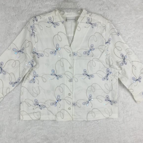 Alfred Dunner Womens Shirt‎ Button Down Sequins Dragonfly Embroidered White 14 - Picture 1 of 12